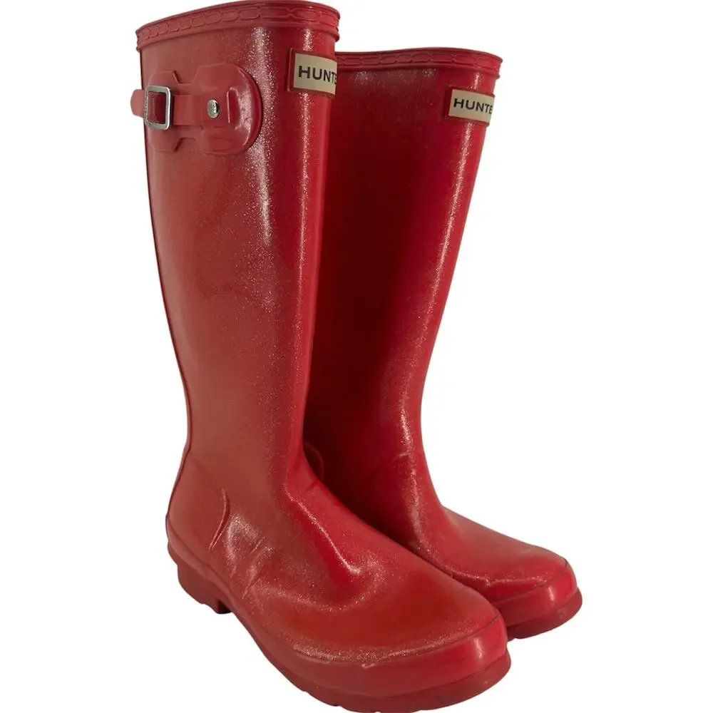 Hunter Original Tall Gloss Rain Boots Buckle Waterproof Rubber Military Red 5